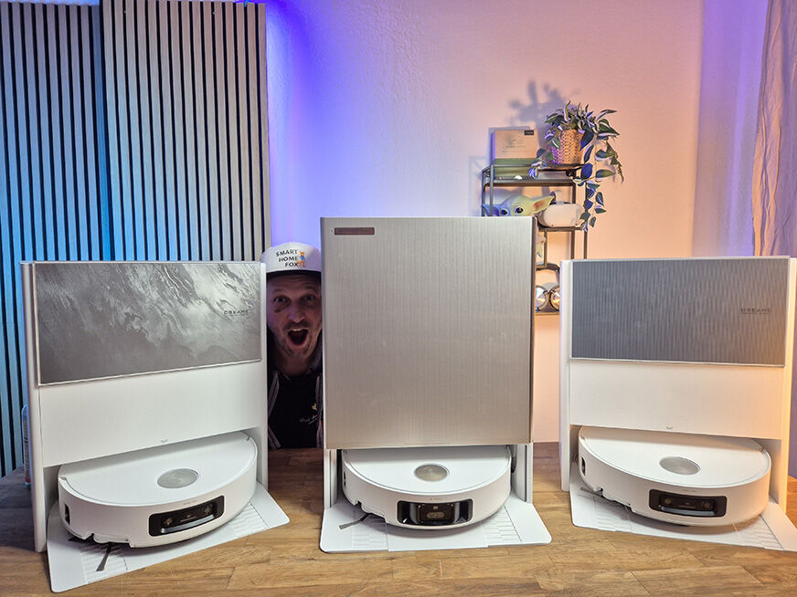 Alle drei Dreame Stationen im direkten Größenvergleich: Matrix10, Aqua10 Roller und Aqua10 Track.